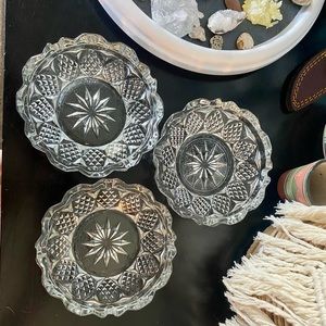 Set Of 3 Cut Crystal Ash Trays. Starburst and Diamond pattern.
